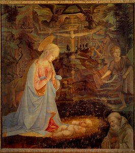A Virgem, o Menino Jesus, São João Batista e São Bernardo de Claravalle (São Bernardo de Chiaravalle) (1090 - 1153) Este último foi o fundador da Ordem dos Cistercienses e o primeiro patrono da Ordem dos Templários. Detrempe na w de Fra Filippo Lippi