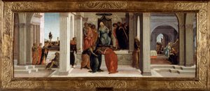 Três cenas da história da Esther: Mardochee (ou Mordekhai ou Mordecai) a lamentar, Esther a desmaiar, Aman (Haman) implora a sua graça. Pintura em madeira por Lippi filipino (1457-1504) Sol. 0,48x1,32 m de Fra Filippo Lippi