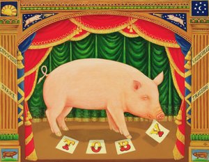Toby the Learned Pig, 1998 (óleo e têmpera no painel) de Frances Broomfield
