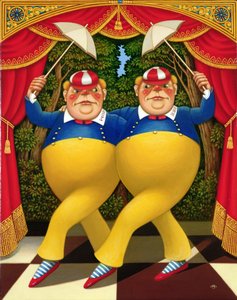 Tweedledum e Tweedledee, 1998 (óleo e têmpera no painel) de Frances Broomfield
