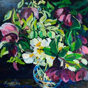 Helibore and Primroses on a Dark Ground, 2020 (acrílico sobre tela)