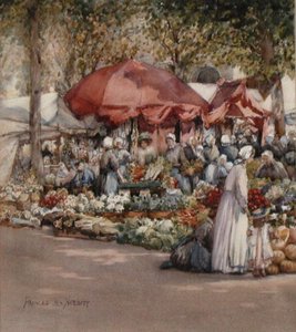 Market Day, Northern France c.1910 (aguarela sobre papel) de Frances Nesbitt