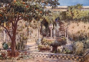 O pátio do jardim de uma antiga vila mourisca, Argel (litografia a cores)