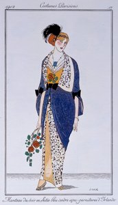 Fantasias parisienses: Casaco de noite em cetim azul cinzento com caimento irlandês. Desenho de Francisco Javier Gose (1876-1915) Ec. Esp.