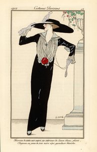 Mulher com vestido de cetim preto, chapéu de seda preto