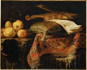 Nature Morte: cedrats et violon - Natureza morta: limões e violino ... de Francesco (b.1640) Fieravino