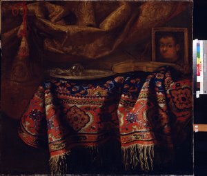 Natureza morta com autorretrato. (Natureza morta com autorretrato). Pintura de Francesco Fieravino (entre 1610 e 1660). Arte italiana, estilo barroco. Galeria de Arte Regional A. Deineka, Kursk, Rússia de Francesco (b.1640) Fieravino