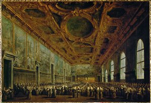 Após a sua eleição, o Doge agradece ao Grande Conselho na Sala do Grande Conselho do Palácio Ducal em Veneza, Itália ...