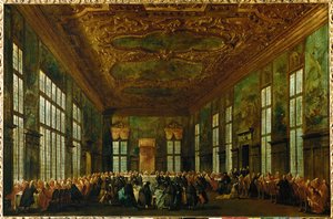 Refeição cerimonial no Palácio Ducal, na sala do Grande Conselho, com o Doge sentado ao centro em segundo plano ...
