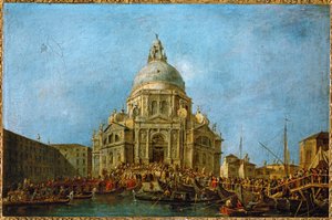 O Doge visita La Salute a 21 de novembro, dia em que se comemora o fim da peste de 1630 ... de Francesco (circle of) Guardi