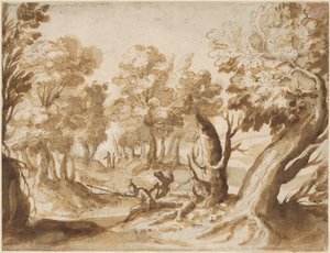 Duas figuras pescando em uma paisagem de Francesco Allegrini