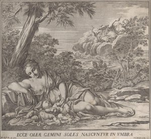 Latona e seus gêmeos adormecidos, Apolo e Diana, dentro de uma paisagem, 1705. de Francesco Antonio Meloni