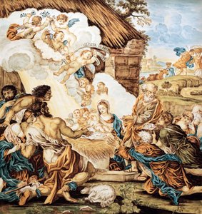 Berço, placa majolica pintada, por Francesco Antonio Xaverio Grue (1686-1746), fabrico Abruzzo Castelli, Itália de Francesco Antonio Xaverio Grue