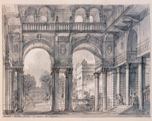 Cenografia para a segunda cena de "Les noces de Figaro (Le nozze di Figaro) de Wolfang Amadeus Mozart (1756-1791) dirigida pelo cenógrafo Francesco Bagnara (1784-1866) 1820-1839 Venice Museo Correr de Francesco Bagnara
