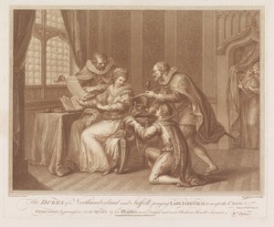 Duques de Northumberland e Suffolk pedem a Lady Jane Grey que aceite a coroa Os Duques de Northumberland e Suffolk rezando para Lady Jane Grey aceitar a coroa (título no objeto) de Francesco Bartolozzi
