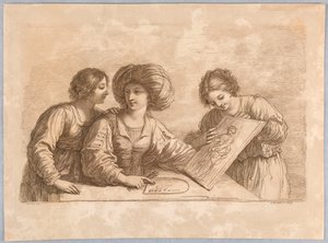 Três mulheres com uma paleta e esboço de um design de Francesco Bartolozzi