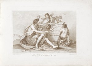 Impressão do título com personificação da pintura Princípios Ciprianis do desenho (título da série) Ciprianis rudimentos de desenho (título da série no objeto) de Francesco Bartolozzi