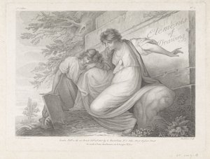 Impressão do título mostrando duas figuras a desenhar numa paisagem
Elementos do Desenho (título sobre o objecto) de Francesco Bartolozzi