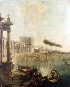 Um capriccio, porto com figuras a carregar um ferry