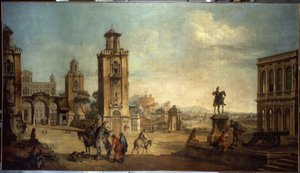 ""Cena de rua em uma cidade, a grande praça com monumentos"" (Vista de uma cidade) Pintura de Francesco Battaglioli (ec. venit.) (1722-1790) Museu Hermitage do século XVIII, São Petersburgo