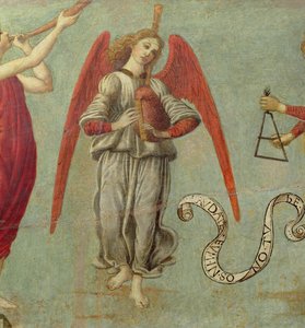 Anjo tocando gaita de foles, c.1475-97 têmpera no detalhe do painel de 64871, veja também 64873 e 64874