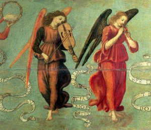 Anjos tocando violino e cachimbo, c.1475-97 têmpera no detalhe do painel de 64871, veja também 64872 e 64873