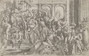 São Roque à esquerda distribuindo esmolas a um grupo de pessoas reunidas ao seu redor, após ..., 1590-1600.
