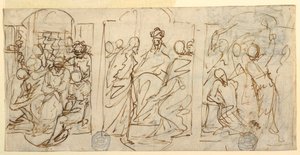 Desenho, Três fases da Paixão: O escárnio, Cristo perante Pilatos, Flagelação, ca. 1848 de Francesco Coghetti