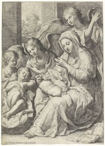 Maria e o Cristo Menino adormecido rodeado de anjos