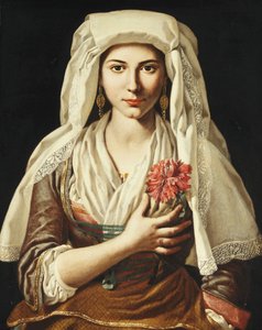 Retrato de uma jovem mulher, comprimento de três quartos, segurando um cravo