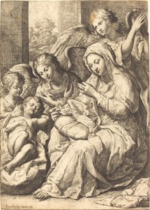 Virgem e anjos vigiando o menino Jesus adormecido de Francesco Cozza