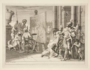 Apeles pintando Campaspe, a amante de Alexandre, o Grande, uma de uma série de oito gravuras (Varii Baccanali et istorie