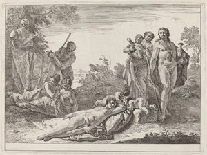Apollo e ninfas em uma paisagem com um busto de Pan de Francesco Fontebasso