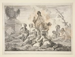 Vênus, Vulcano, três ninfas e três querubins em uma paisagem de Francesco Fontebasso