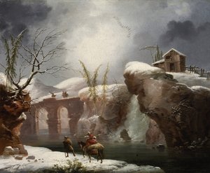 Uma paisagem de inverno com viajantes junto a um rio