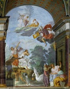 Alegoria da morte de Lorenzo de Medici il Magnifico (Laurent de Medicis) conhecido como O Magnífico (1449-1492). À direita, representação das divindades do destino, os Gabinetes (ou Parques): Clotho, Lachesis e Atropos. Fresco, de Francesco Furini (160