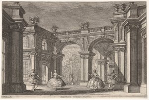 Duas senhoras e dois senhores dançando dentro de um cenário arquitetônico ornamentado, uma fonte em ..., 1765.