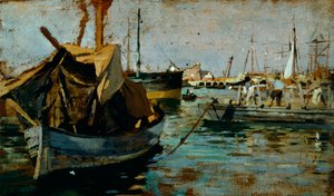 A trabalhar no porto de Livorno (Leghorn) por Francesco Gioli (1846-1922), óleo sobre painel, 22x38 cm