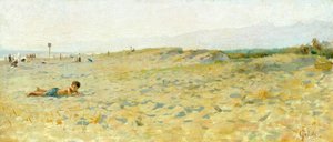 Praia em Cinquale por Francesco Gioli (1846-1922), óleo sobre painel