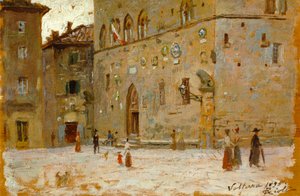 Na praça em Volterra por Francesco Gioli (1846-1922), óleo sobre painel