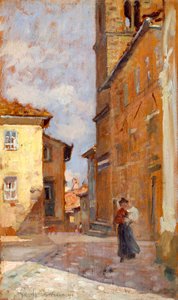 Na rua em Volterra por Francesco Gioli (1846-1922), óleo sobre painel, 38x23 cm