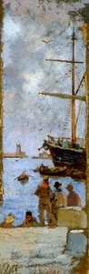 Vista do porto de Livorno por Francesco Gioli (1846-1922), óleo sobre tela transferido para cartão, 38x12 cm