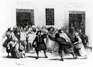 O saque de muletas, episódio de Betrothed, de Alessandro Manzoni (1785-1873), ilustração de Francesco Gonin (1808-1889) 1840 edição