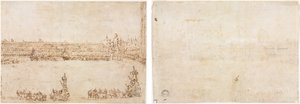 Uma procissão de carros triunfais na Piazza San Marco, Veneza, celebrando a visita do Conti del Nord (reto) Três esboços de arcos (verso) de Francesco Guardi
