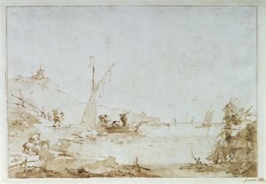 Uma cena costeira, c.1770-80 (caneta e marrom lavar com giz preto sobre papel) de Francesco Guardi