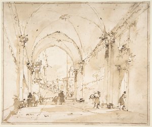Capricho arquitectónico: passagem abobadada que conduz a uma praça de Francesco Guardi