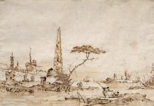 Capriccio ao lado de uma lagoa veneziana com um Obelisco e um Leão fora dos Muros de uma Cidade Fortificada (caneta e tinta) de Francesco Guardi