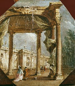 Capriccio de uma Loucura com um Casal Elegante e um Cão (óleo sobre painel) de Francesco Guardi