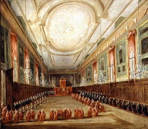 Papa Pio VI (1717-99) e Doge Paolo Renier na Igreja da SS. Giovanni e Paolo (óleo sobre tela) de Francesco Guardi