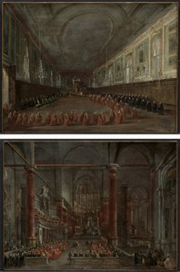 Papa Pio VI descendo o trono para despedir-se do Doge no Salão da SS. Giovanni e Paolo, 1782 e Cerimônia Pontifícia em SS. Giovanni e Paolo, Veneza, 1782 (par) de Francesco Guardi